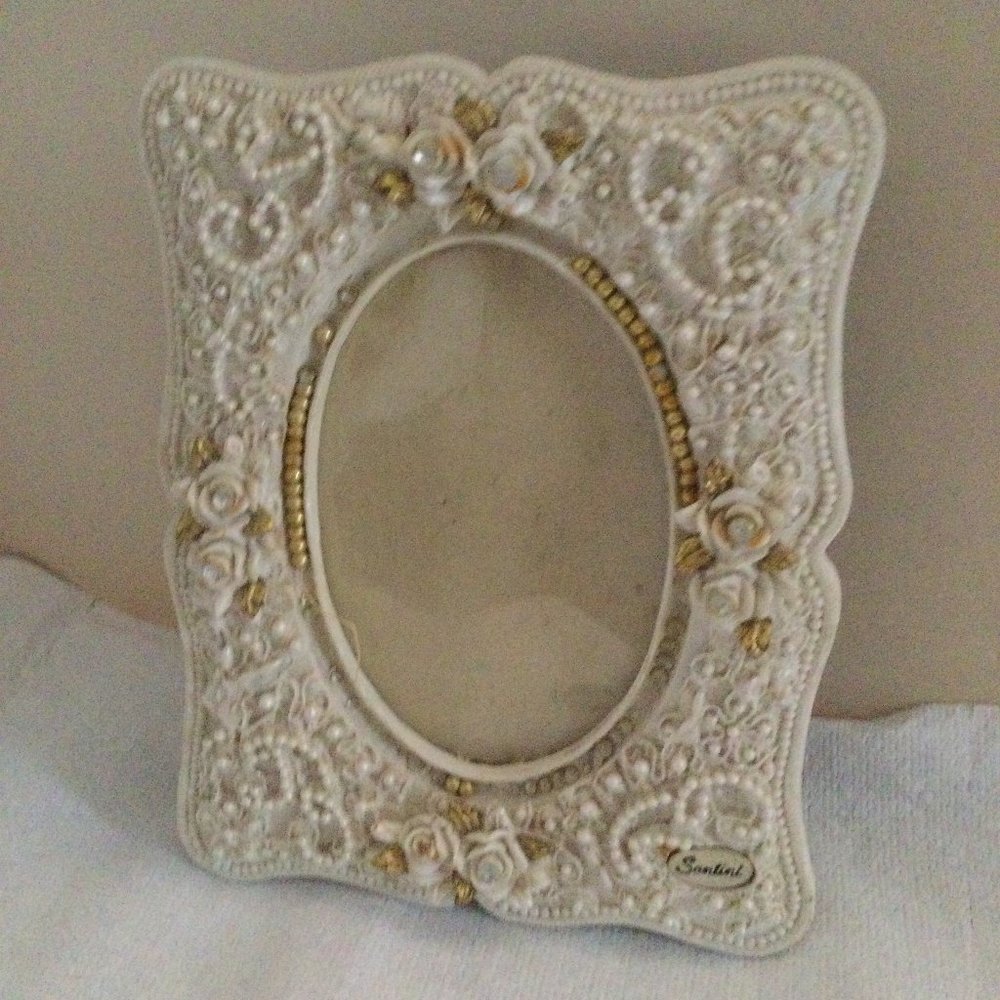 Santini picture photo frame ceramic decorated with 3d beads flowers white